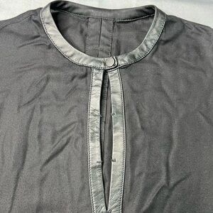 Black Viscose Women’s Blouse w/ Lamb Leather Trim | Modern Minimalist